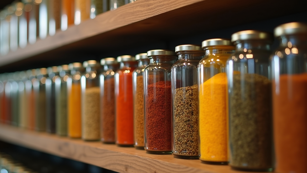 Close-up view of colorful spice jars neatly arranged on wooden shelves