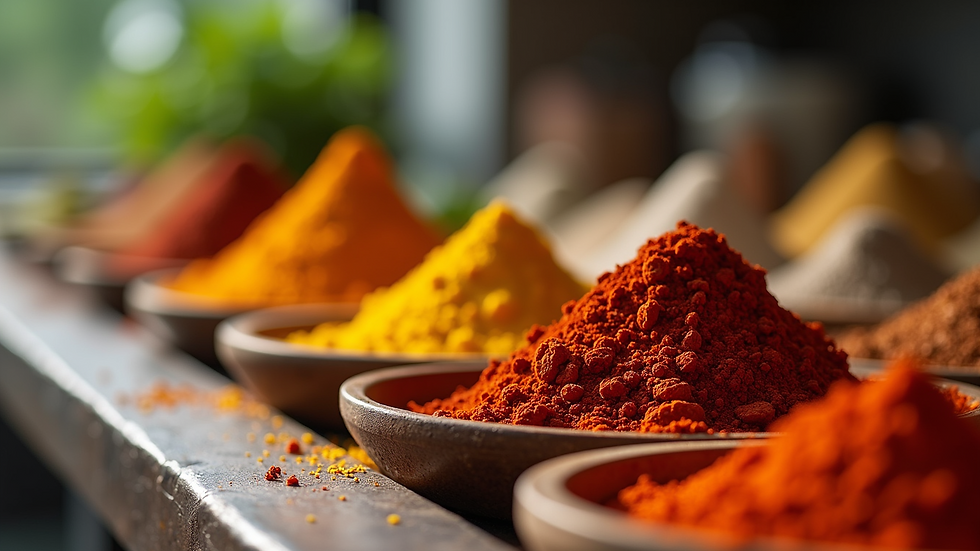 Eye-level view of a spice mixing station with vibrant ingredients