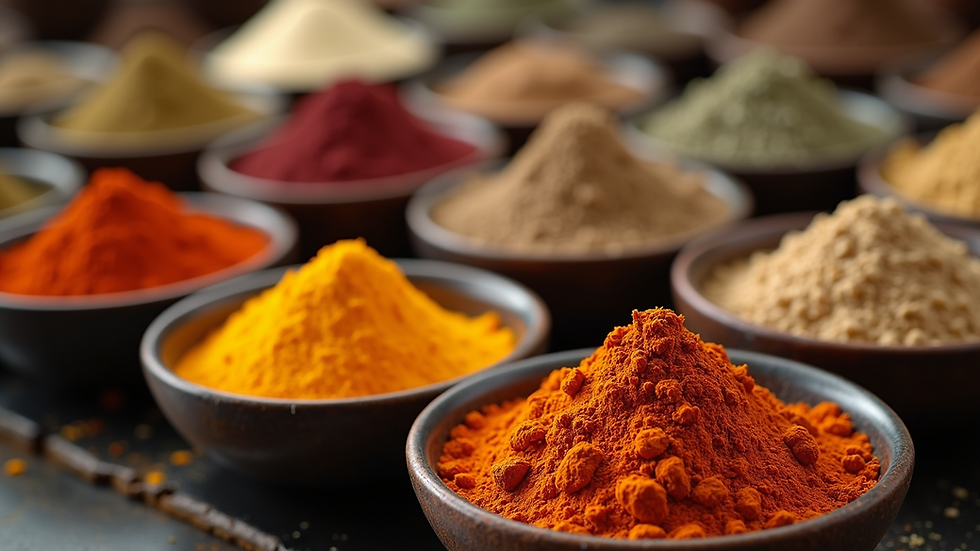 High angle view of a variety of colorful spices in small bowls