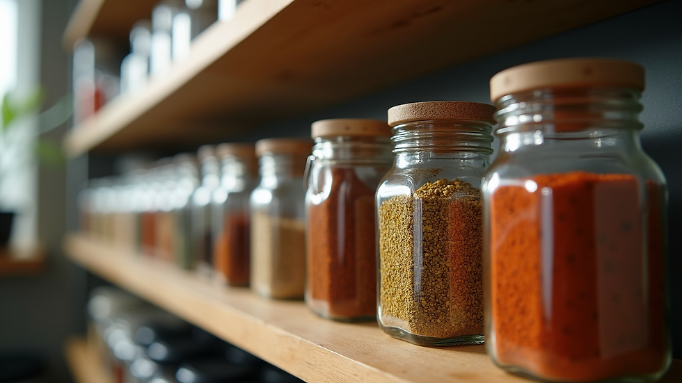 Eye-level view of spice jars on a kitchen shelf