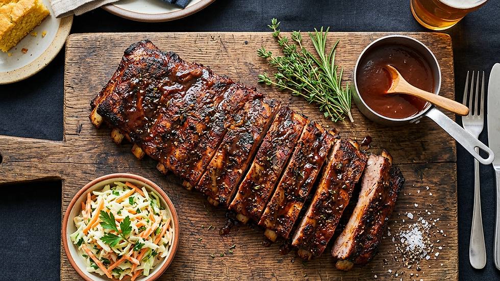 High angle view of seasoned pork ribs resting on a wooden board