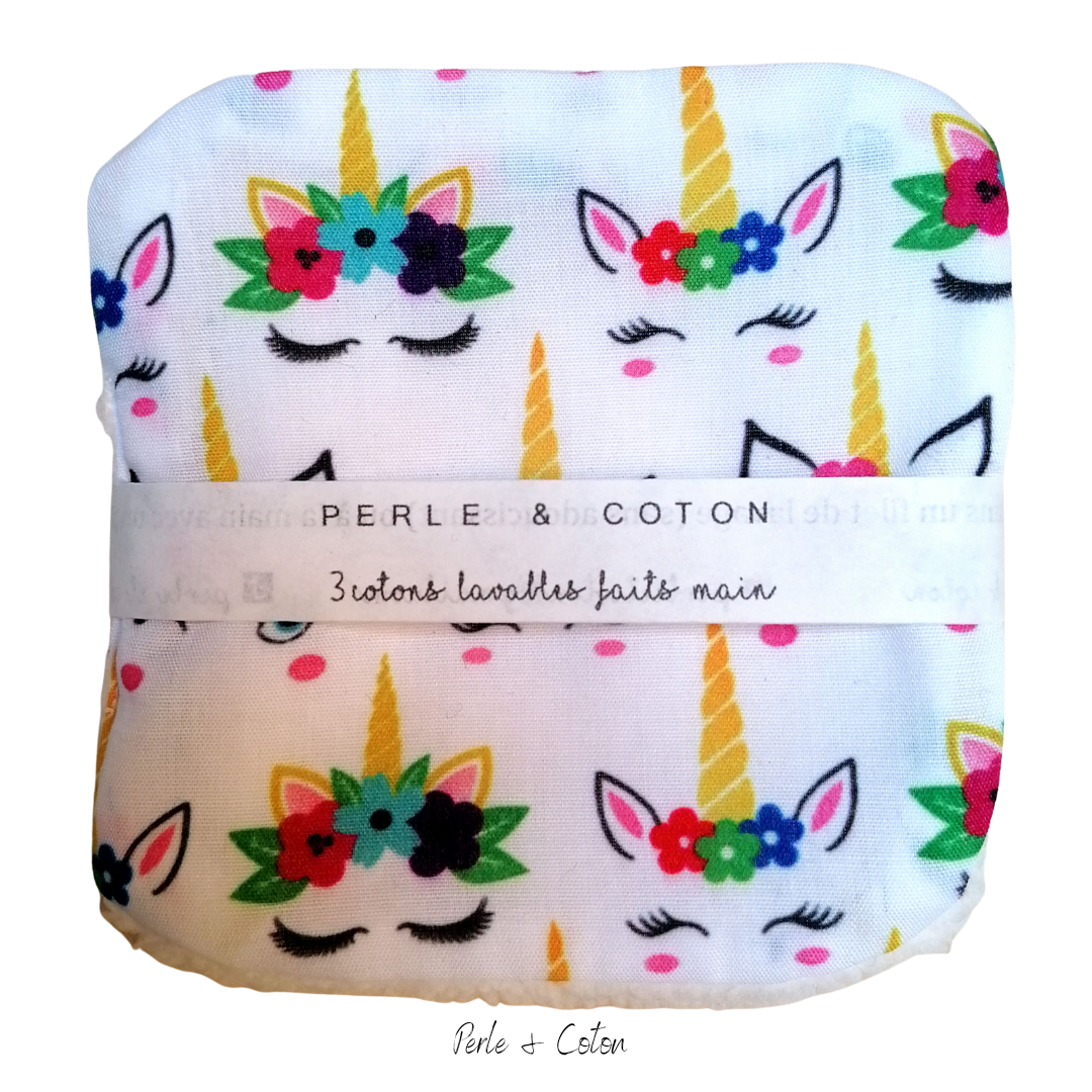 3 cotons lavables - Motif "Licorne"