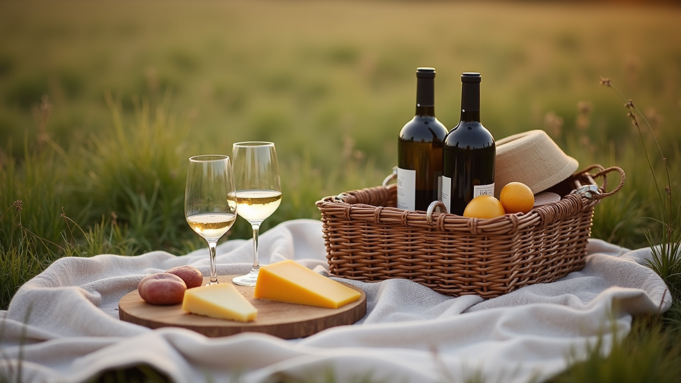 High angle view of a picnic setup with wine and cheese in a Surrey countryside field
