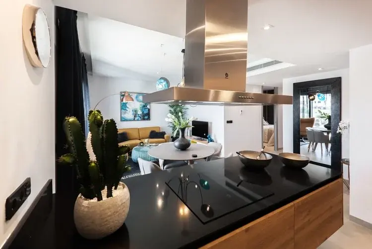 Een moderne keuken met een afzuiger en inductieplaat. Er staan ook andere moderne meubels.