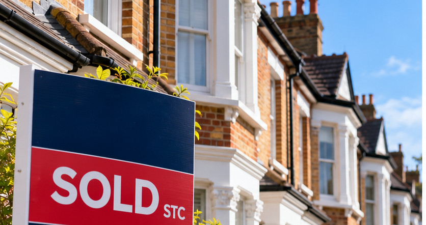 Sold STC estate agent sign outside Victorian terraced houses, illustrating when to book a house survey after an offer is accepted.