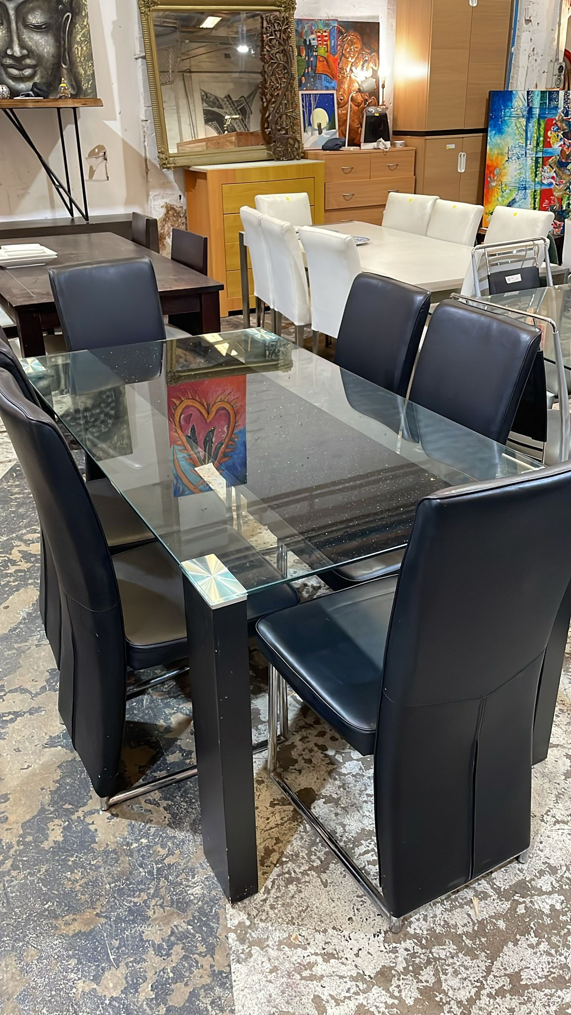 Glass Dining Table with 6 Black Leather Chairs (7-Piece Set)