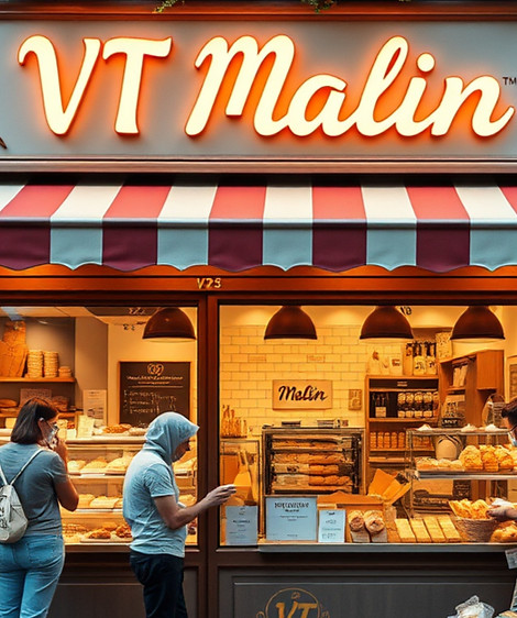 Make an image of bakery that has a big sign thast says VT Malin and its aethetically ples