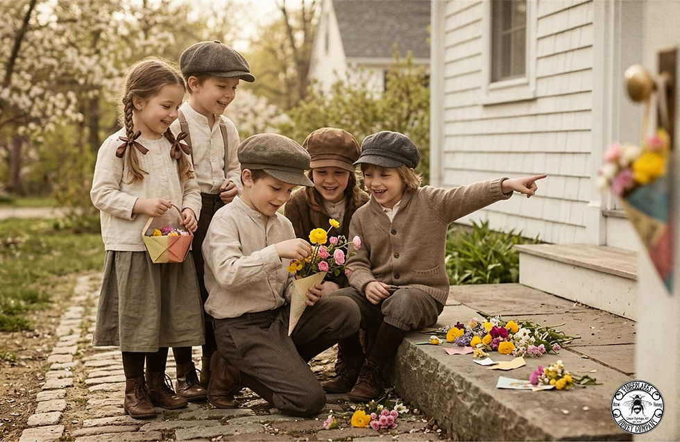 children placing may day basket on door