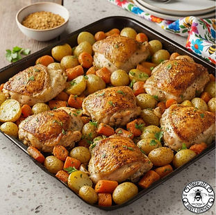 One Pan Roasted Garlic Chicken Thighs, Potatoes & Carrots