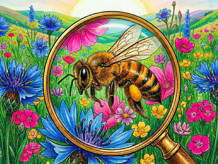 DRAWING OF A HONEY BEE IN A COLORFUL MEADOW AND A MAGNIFYING GLASS OVER HER