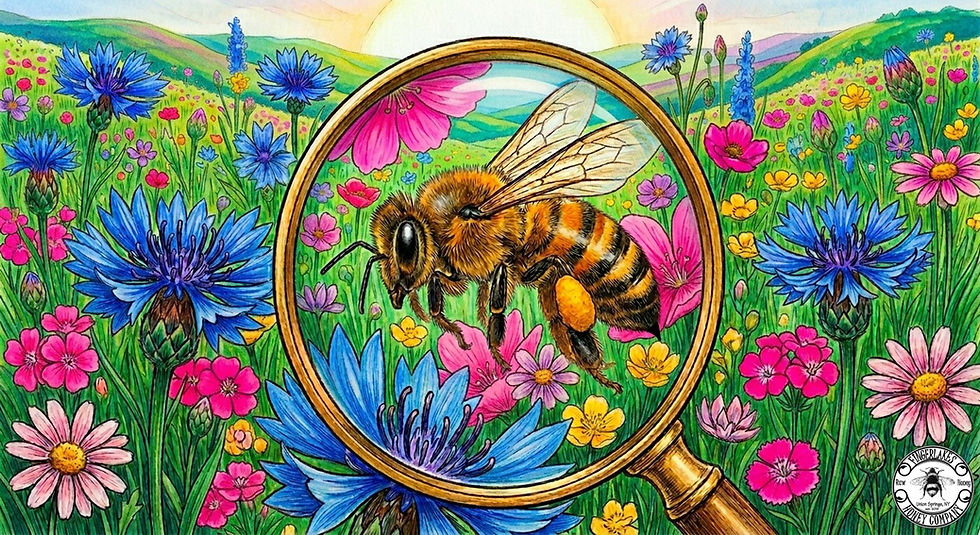 DRAWING OF A HONEY BEE IN A COLORFUL MEADOW AND A MAGNIFYING GLASS OVER HER