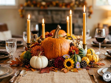THANKSGIVING CENTERPIECE WITH PUMPKINS AND LEAVES