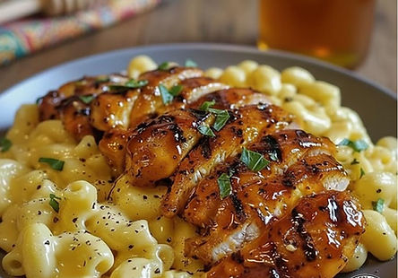 Sweet and Spicy Honey Pepper Chicken with Macaroni & Cheese