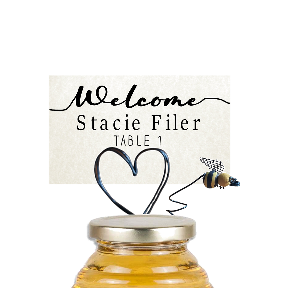 HONEY FAVOR WITH HEART-SHAPED OLACECARD HOLDER AND SMALL WIRED BEE