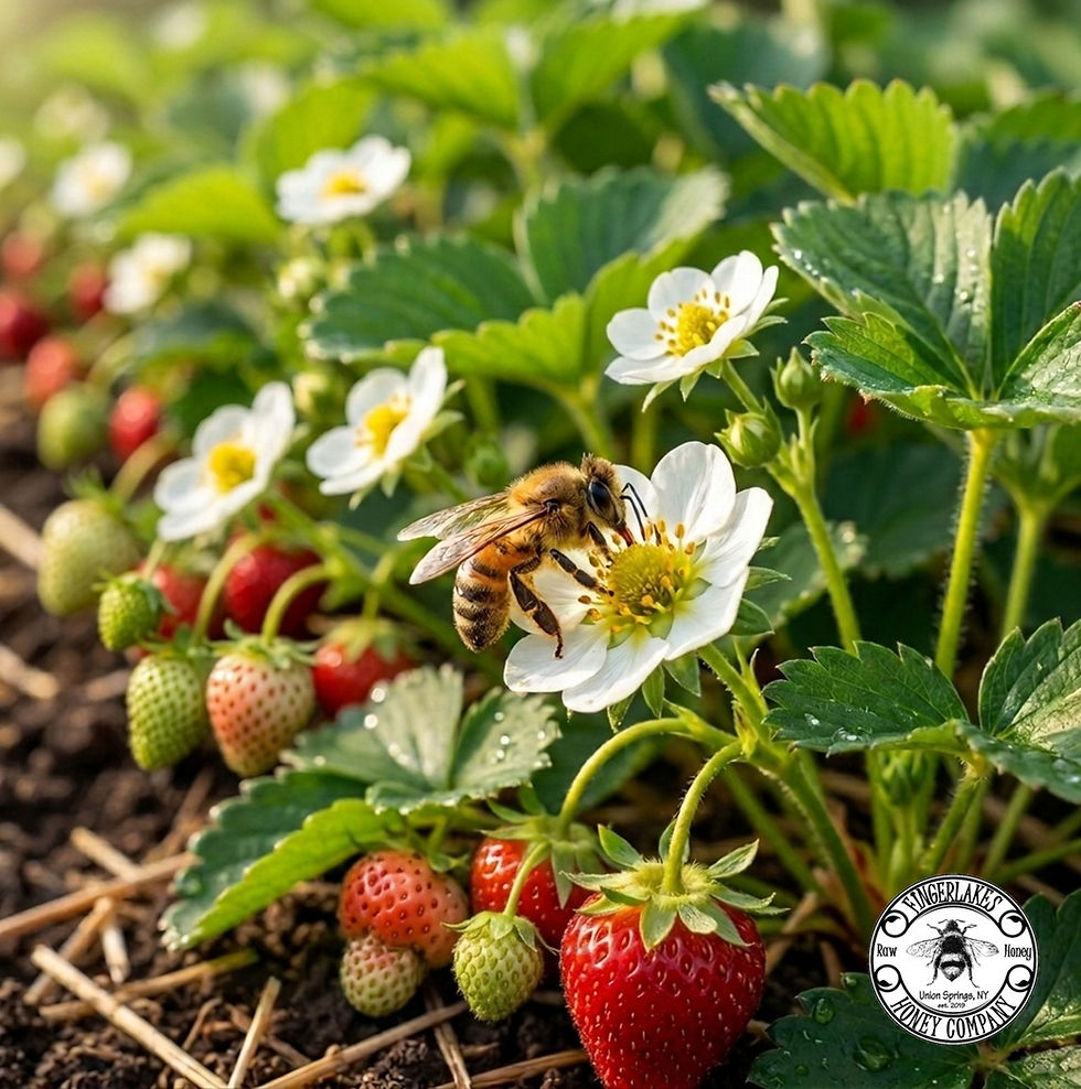 a honey bee on a strawberry flower