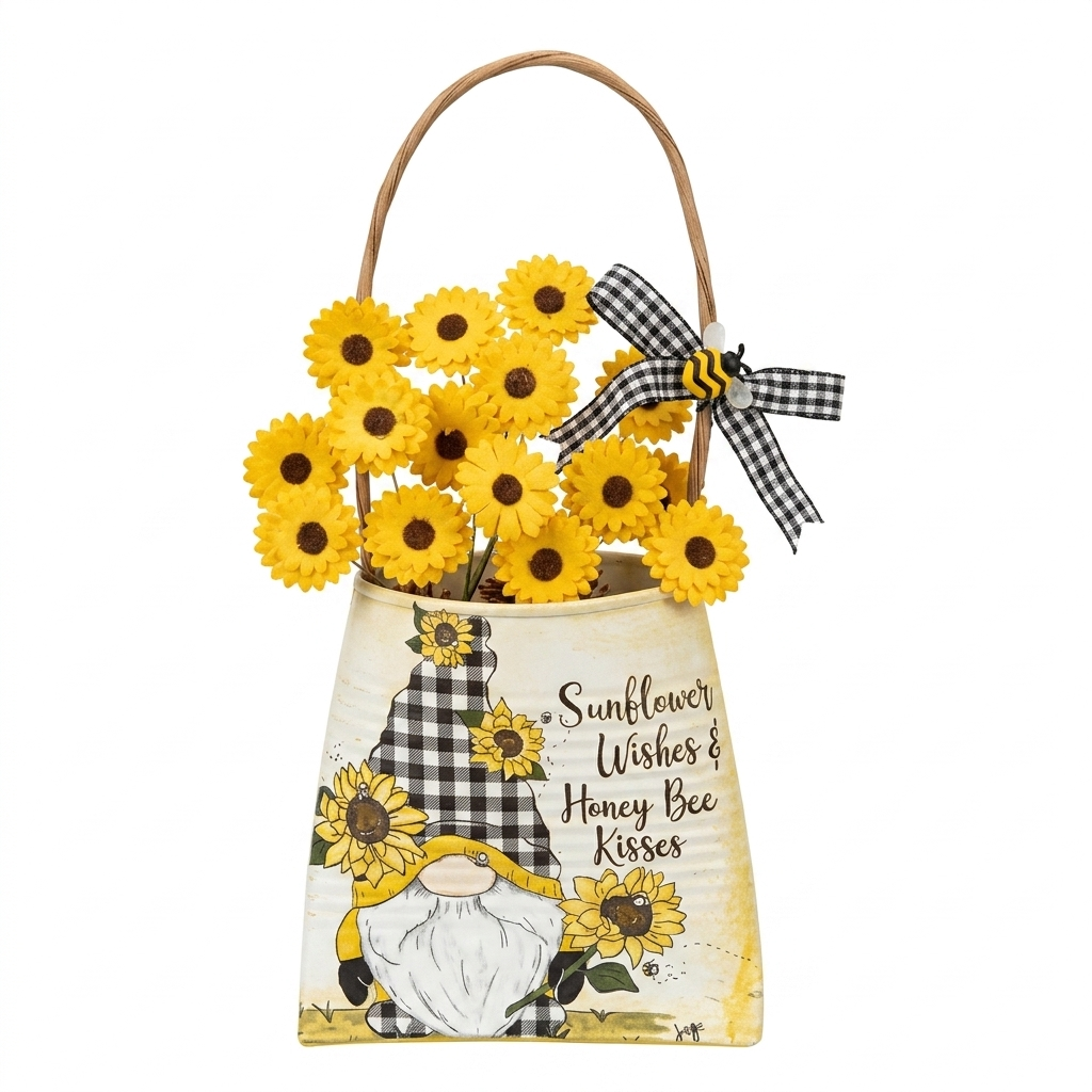 SUNFLOWER WISHES METAL BASKET WITH GNOME & BEES