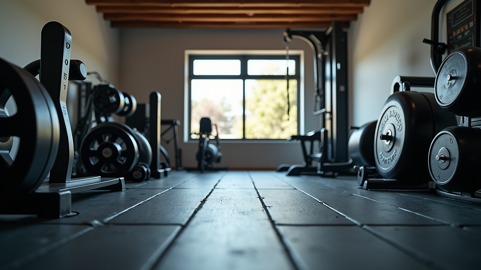 Blick auf ein gut ausgestattetes Heimgym mit Gewichten und Trainingsmatten