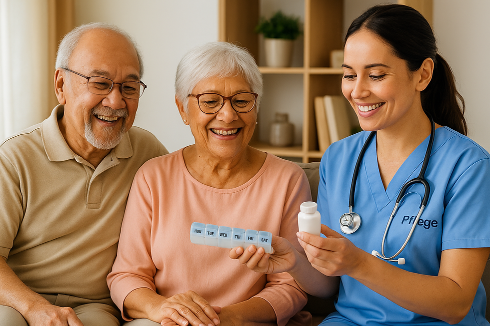 Pflege home nurse guiding elderly couple on daily medication plan in Dubai