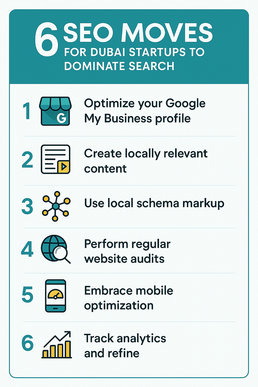 grid layout with illustrated 6 SEO moves for dubai startups