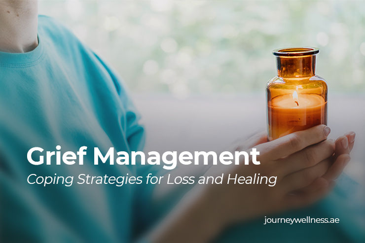 blog image with text "Grief Management: Coping Strategies for Loss and Healing"