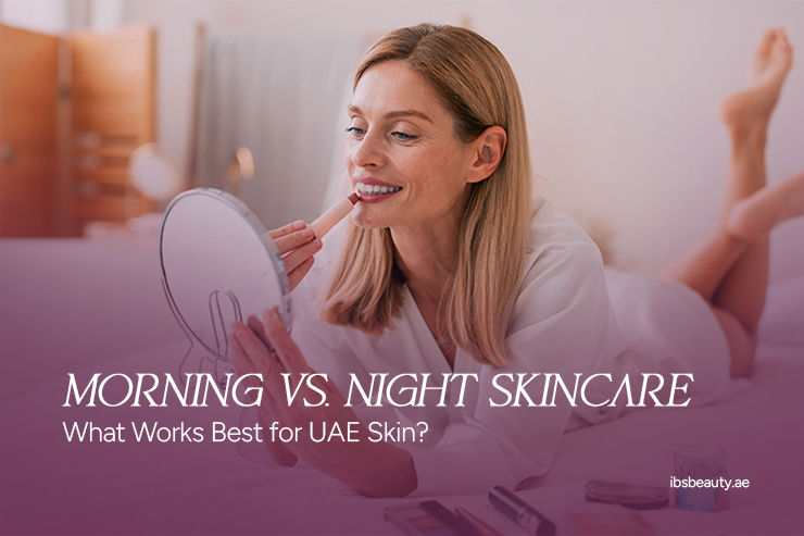 blog image with the text "Morning vs. Night Skincare - What Works Best for UAE Skin?"