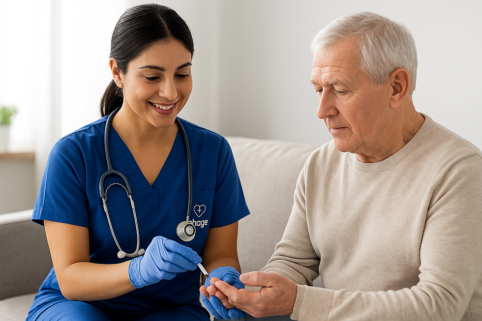 Pflege DHA-licensed nurse monitoring blood sugar for diabetes prevention at home in Dubai