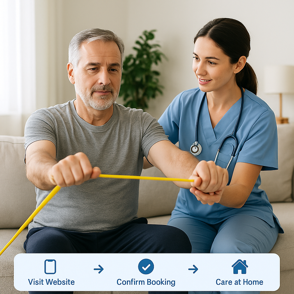 Pflege physiotherapist supporting post-surgery recovery with guided exercises at home.