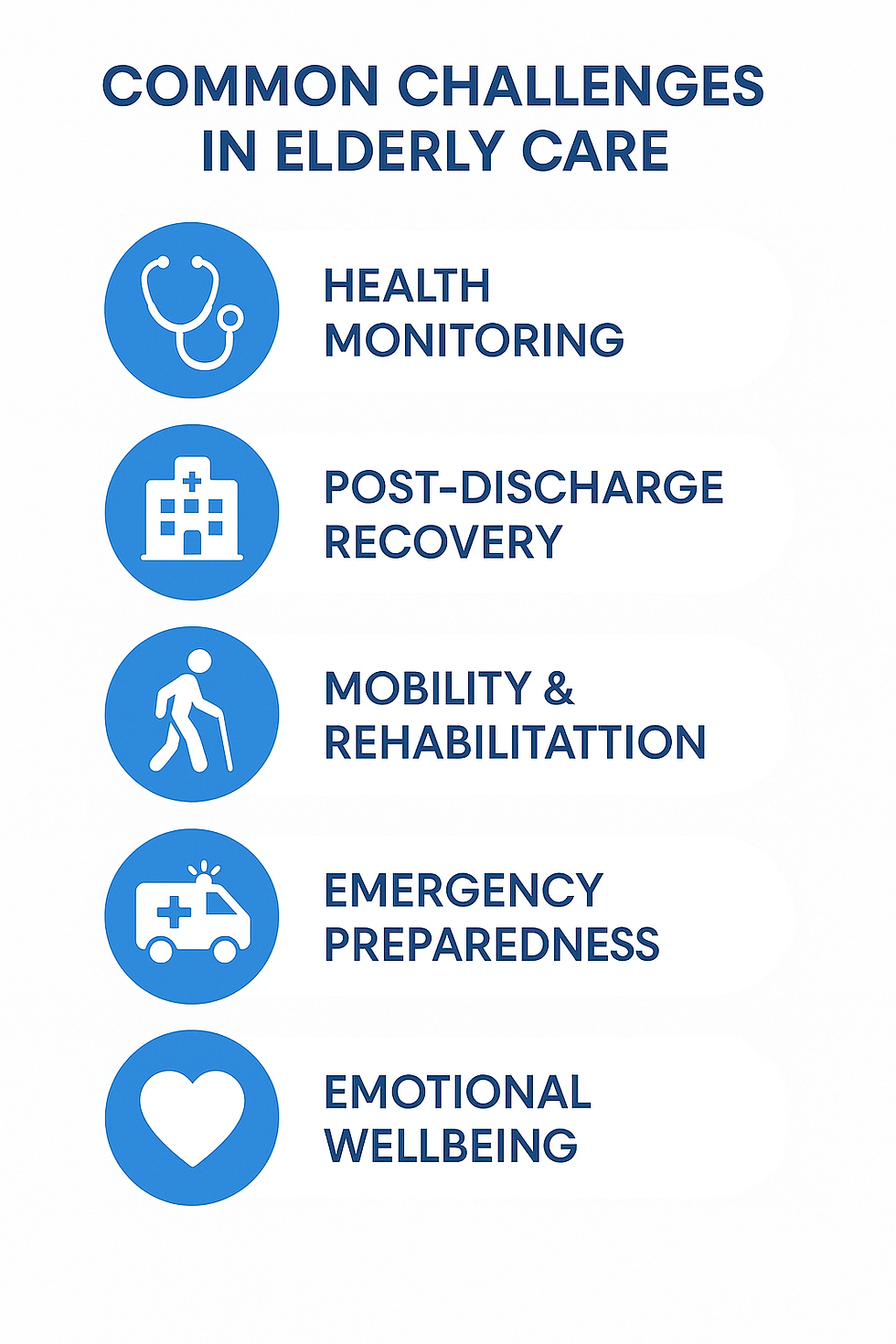 Infographic showing five key challenges faced by seniors in elderly care.