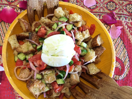 Panzanella Salad with Burrata and Basil Oil