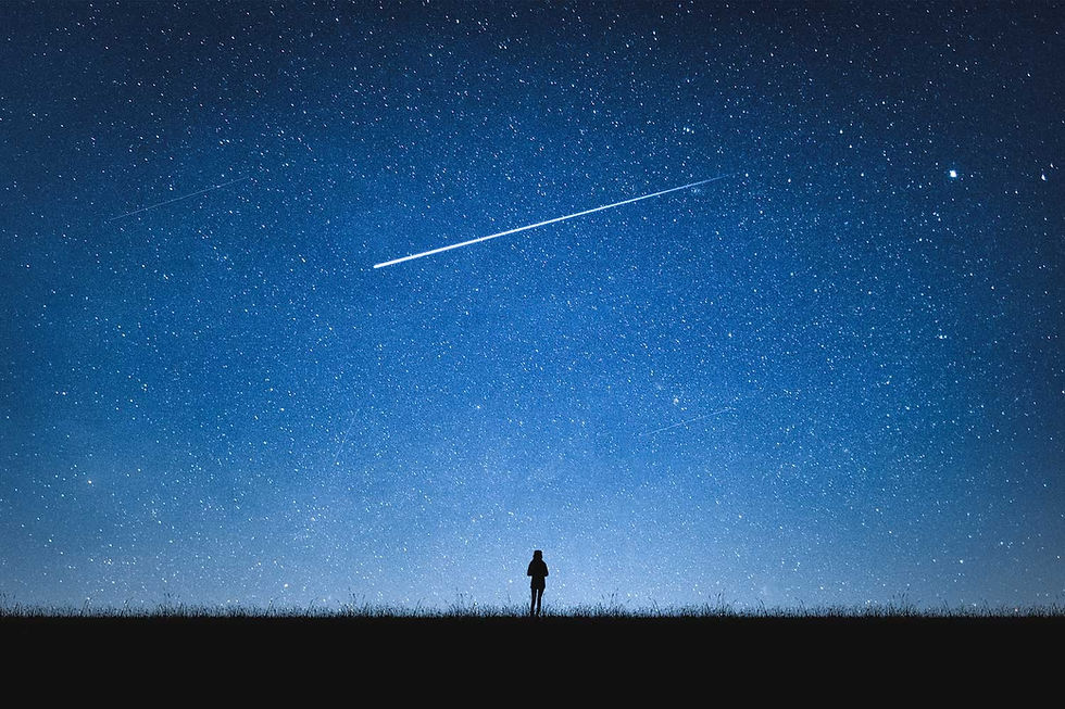 A silhouette of a person stargazing under a vast, starry sky with a bright meteor trail. 