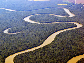 A meandering brown river winds through dense green forest, visible from an aerial view, with fields in the distant background.