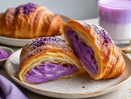 Croissant gevuld met paarse ube crème op een bord in een cafésetting.