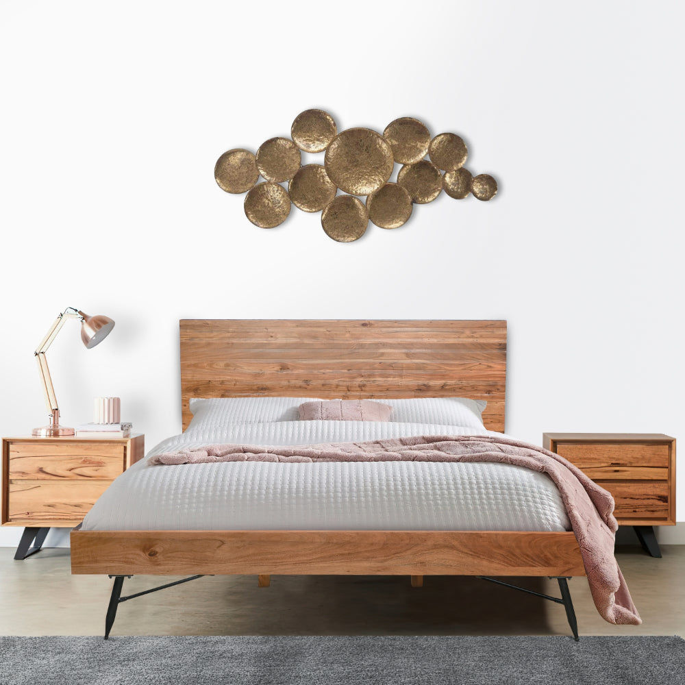 BENZARA Bree Modern Rustic King Size Platform Bed, Brown Acacia Wood Frame, Blac
