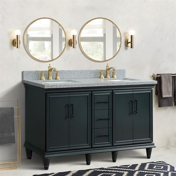 61" Double Sink Vanity in Dark Gray Finish and Gray Granite and Rectangle Sink