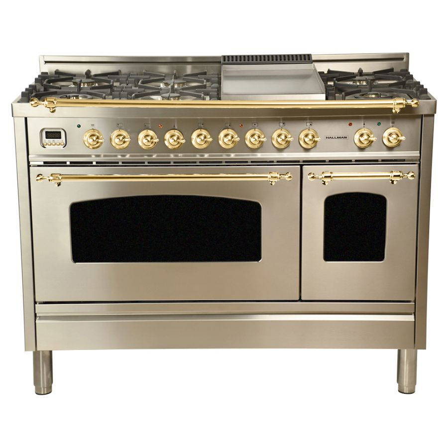 Thumbnail: Hallman 48 in. Double Oven Duel Fuel Italian Range, Brass Trim HDFR48BS