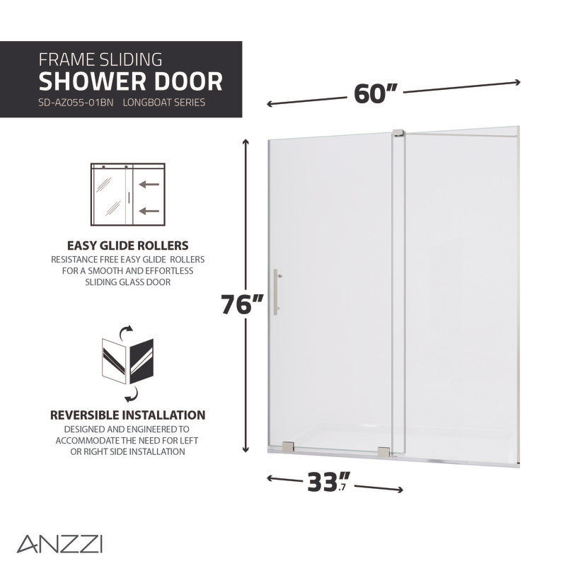 Thumbnail: ANZZI Longboat Series 60 in. x 76 in. Semi-Frameless Shower Door w/