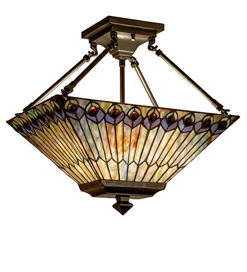 Meyda 16"L Tiffany Jeweled Peacock Oblong Semi-Flushmount