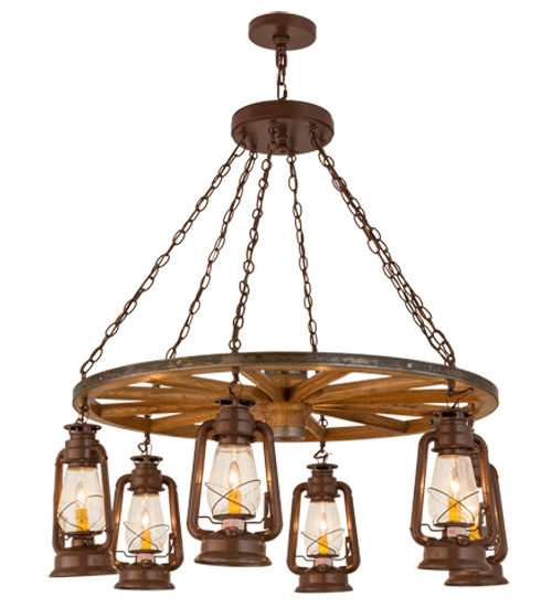 Meyda 40"W Miners Lantern 6 LT Wagon Wheel Chandelier
