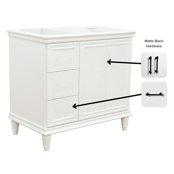 36" Single Vanity in White Finish- Right Door- Cabinet Only- Black Handles