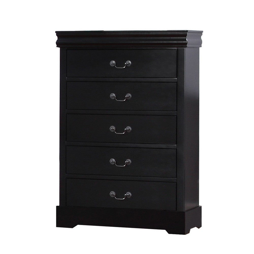 BENZARA Liam 48 Inch 5 Drawer Wood Tall Dresser Chest, Antique Drop Handles, Bla