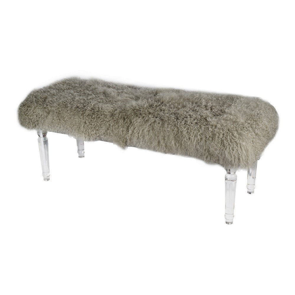 BENZARA 49 Inch Accent Bench, Faux Fur Seat, Clear Acrylic Legs, Smooth Rich Bro