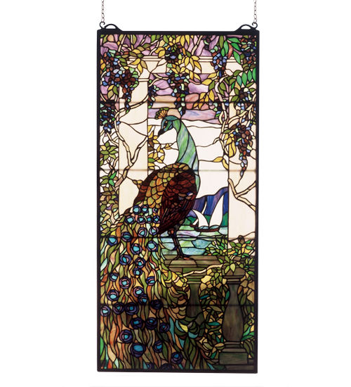 Meyda 19"W X 40"H Tiffany Peacock Wisteria Stained Glass Window
