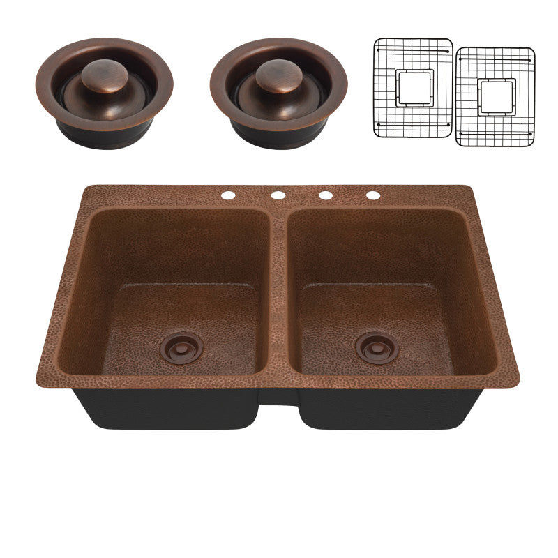 Elen Drop-in Handmade Copper 33 in. 4-Hole 50/50 Double Bowl Kitchen Sink in Ham