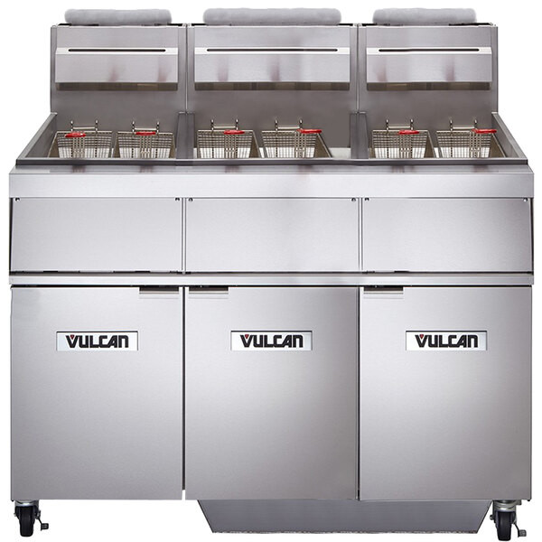 Vulcan 3GR65MF-2 Liquid Propane 195-210 lb. 3 Unit Floor Fryer System with Milli