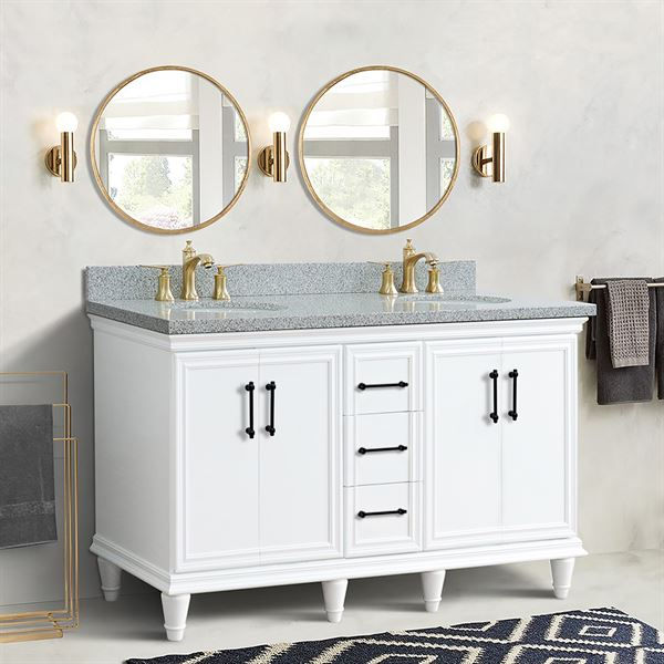 61" Double Sink Vanity in White Finish and Gray Granite and Oval Sinks