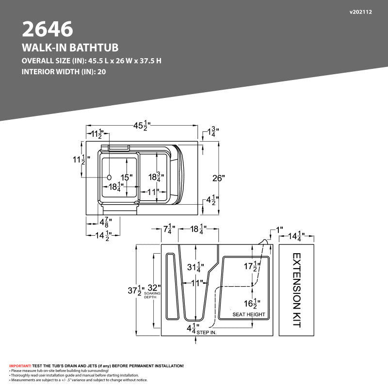 Thumbnail: ANZZI 26 in. x 46 in. Right Drain Quick Fill Walk-In Soaking Tub in