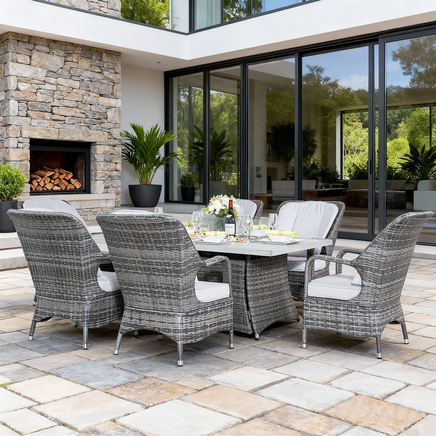 Direct Wicker's 6 Seats Rectangular Aluminum Table with Rattan Chairs
