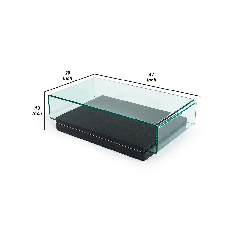 Thumbnail: BENZARA Cid 47 Inch Modern Coffee Table, Curved Clear Glass Top, Wood Base, Blac