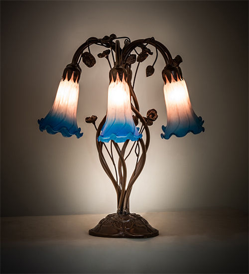Meyda 18" High Pink/Blue Tiffany Pond Lily 6 Light Table Lamp