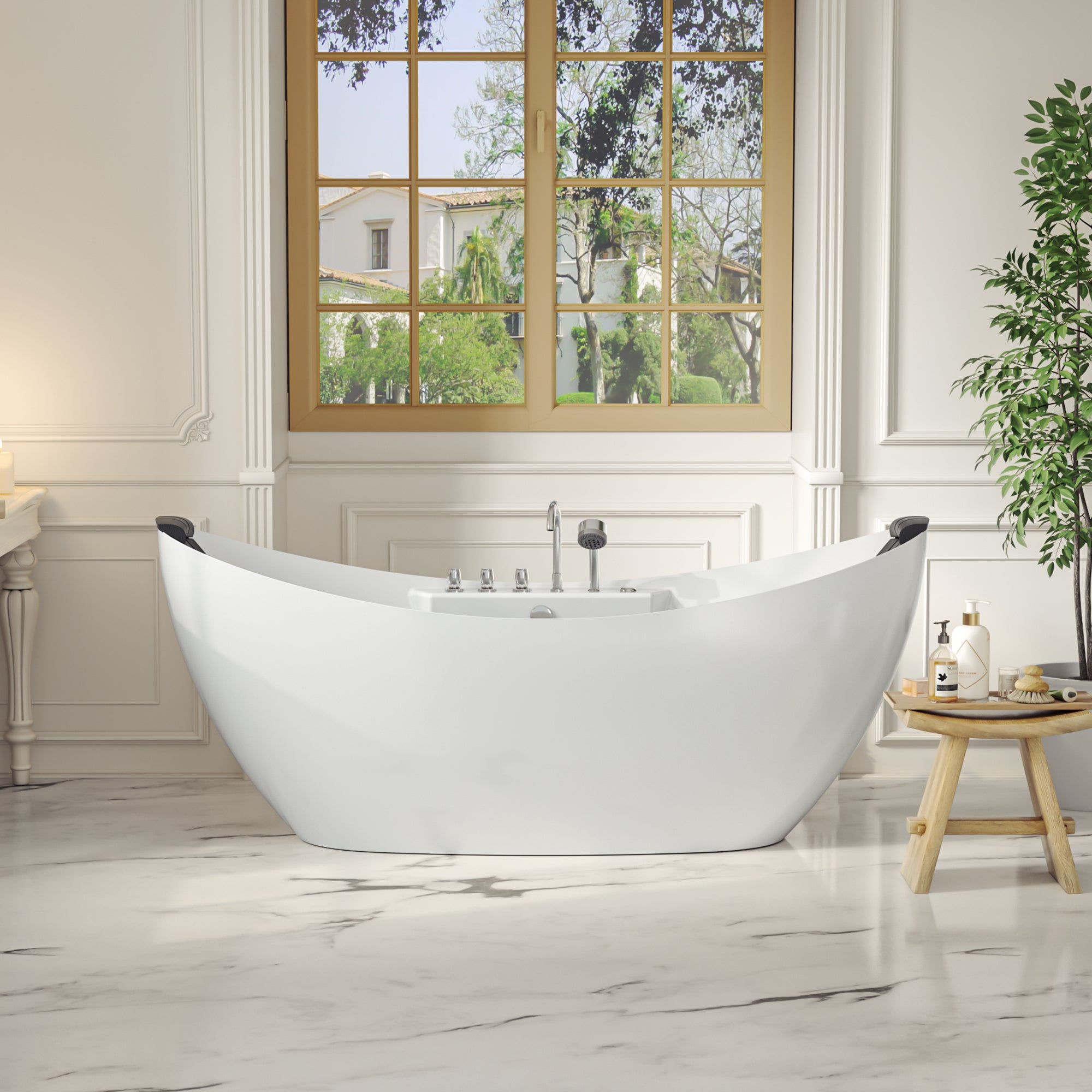 59" Freestanding Boat-shaped Whirlpool Bathtub with Center Drain